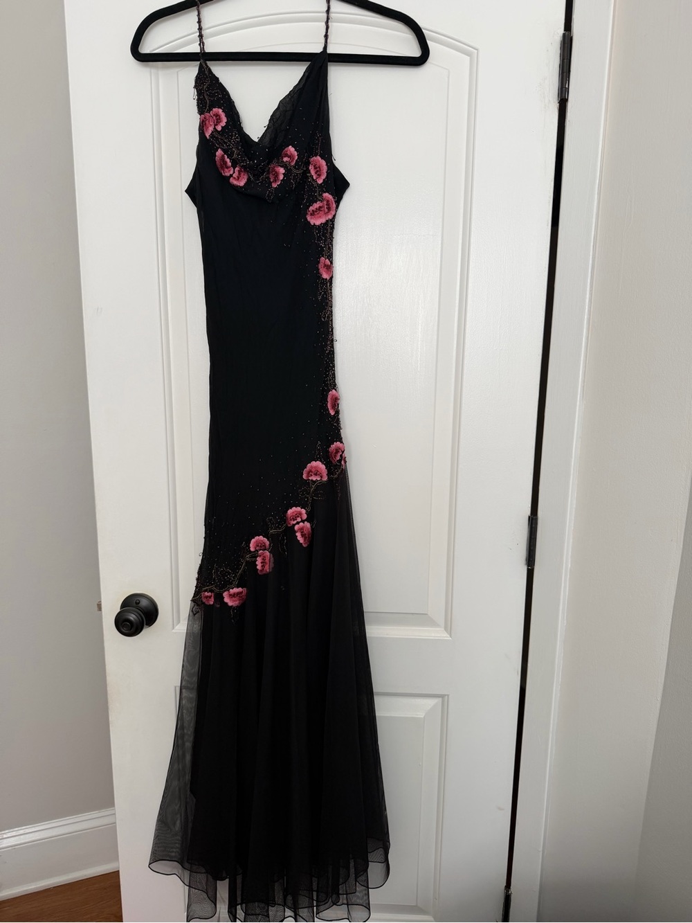 Xscape Black Maxi Slip Dress with Pink Floral Appliqués